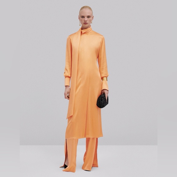 Massimo Dutti Studio Satin Orange Maxi Dress Tie Belt Neck M/L Limited Edition - Picture 4 of 17